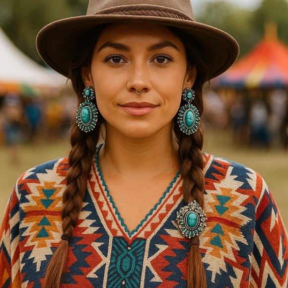 Boho Western-Style Turquoise Drop Earrings – Silver Boho Statement Jewelry - Picture 1 of 3